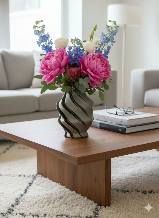 Tornado vase displayed as a bold modern accent with or without flowers.