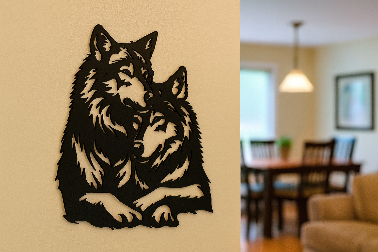 Minimalist 2D wolf couple wall art with a nature-inspired design representing loyalty and partnership